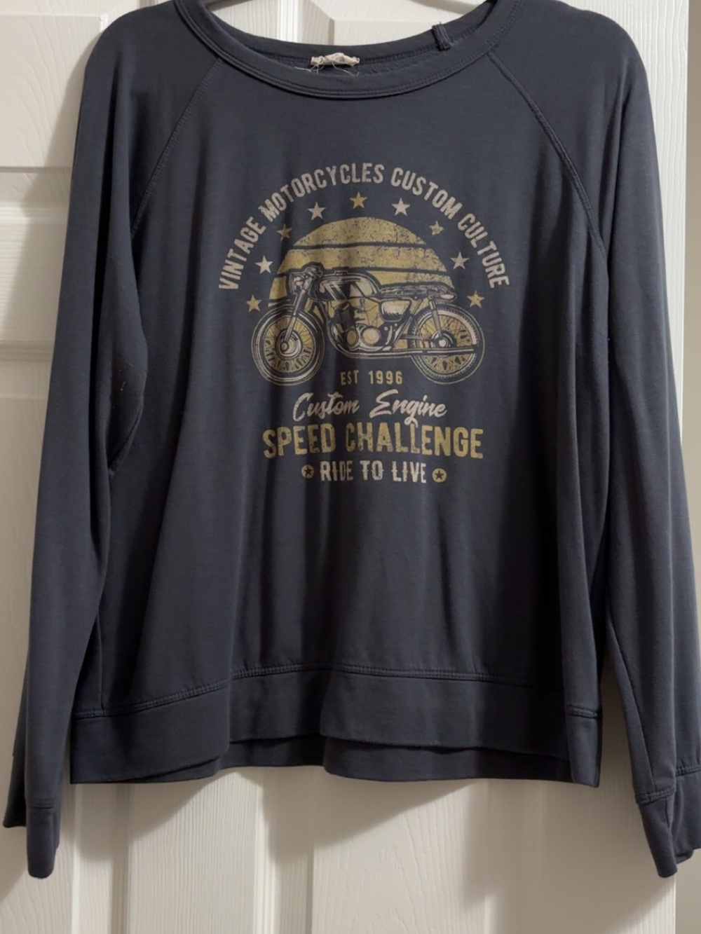 Hem & Thread Women’s Charcoal Gray Long Sleeve Graphic Tee with Yellow Print